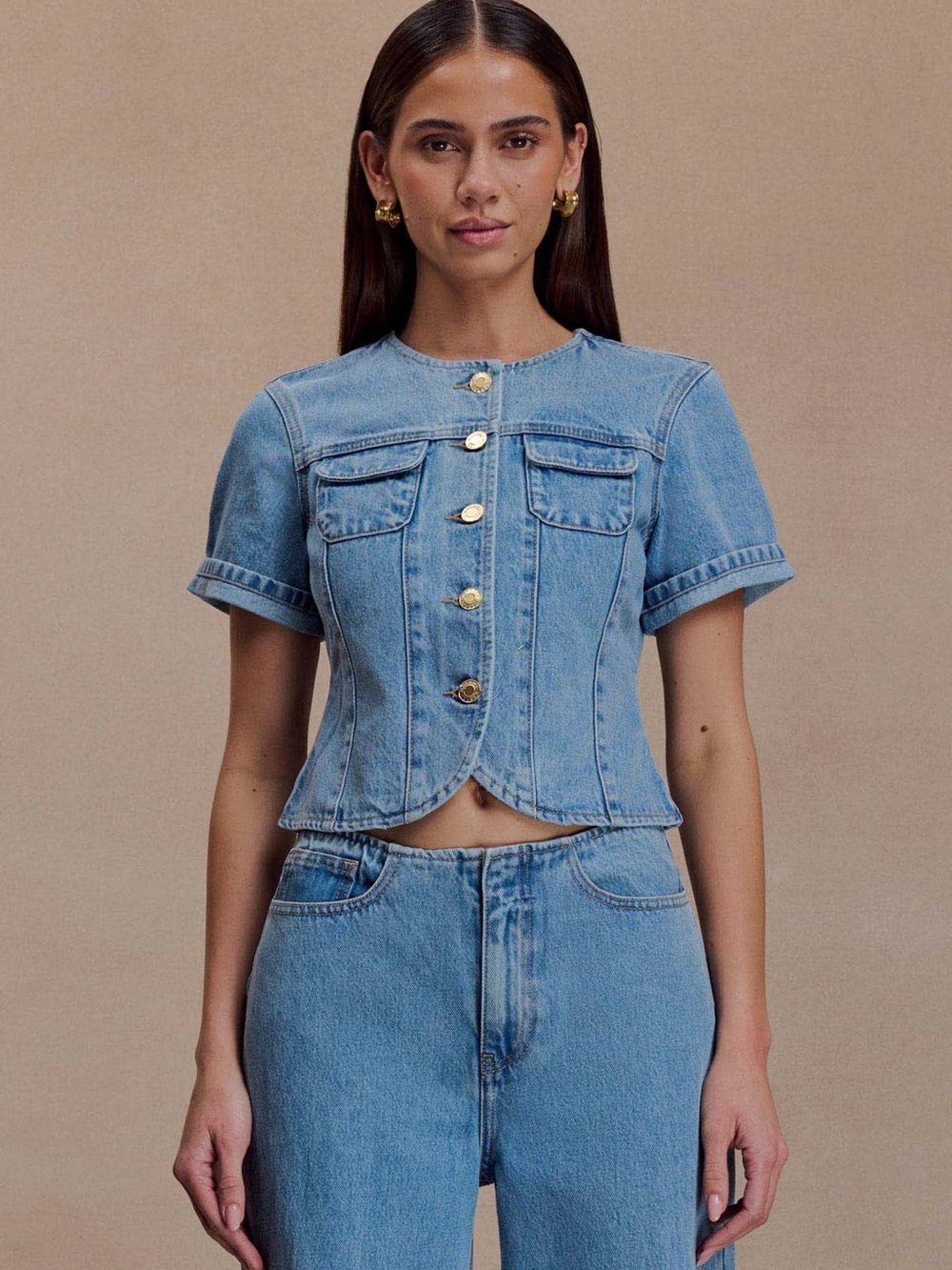 MESHKI - Light Blue Denim Short-Sleeve Crop Jacket - Women